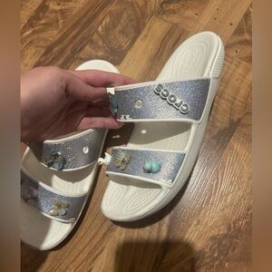 Crocs Glitter Slide Sandals - White and Silver